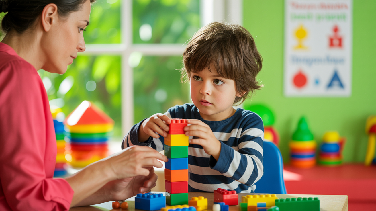 Terapia ABA - bambino con autismo durante sessione terapeutica con terapista qualificato